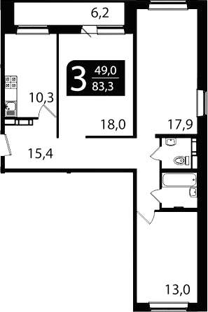 Планировка 3-к.кв 77.10 м² в ЖК «Ботаника. Томск»