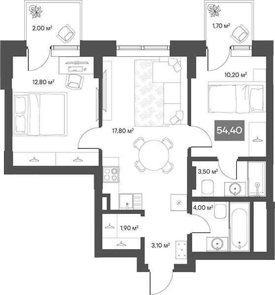 Планировка 2-к.кв 53.30 м² в ЖК «ЩА»