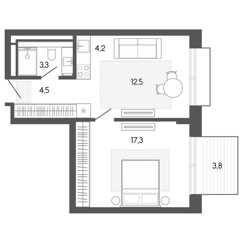 Планировка студия 42.01 м² в ЖК «Карлуу. Карлушка»