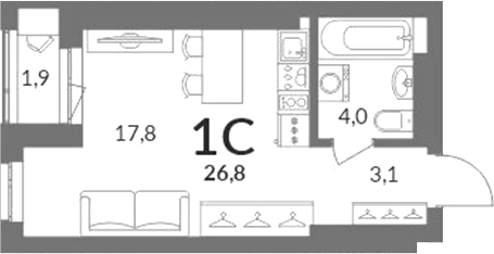 Планировка студии 25.85 м² в ЖК «Горская лагуна»