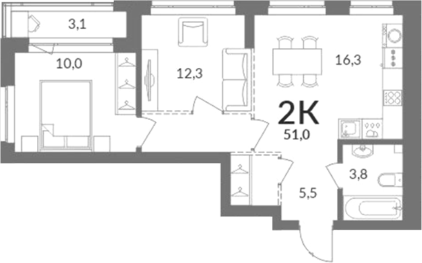 Планировка 2-к.кв 49.45 м² в ЖК «Горская лагуна»