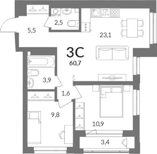 Планировка 3е-к.кв 59.00 м² в ЖК «Горская лагуна»
