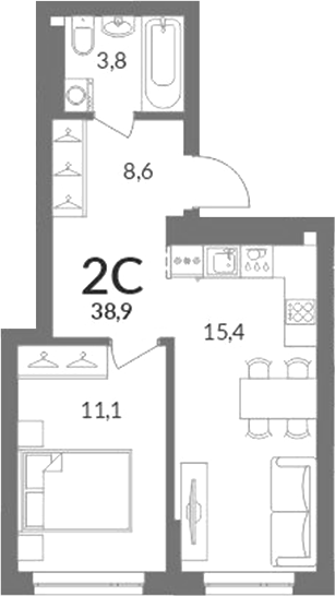 Планировка 2е-к.кв 38.90 м² в ЖК «Горская лагуна»