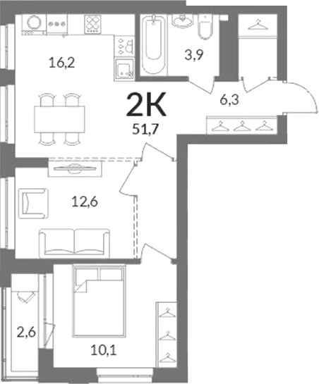 Планировка 2-к.кв 50.40 м² в ЖК «Горская лагуна»