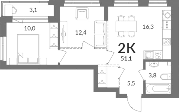 Планировка 2-к.кв 49.45 м² в ЖК «Горская лагуна»