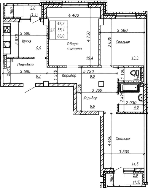 Планировка 3-к.кв 85.15 м² в ЖК «Серебряный ключ»