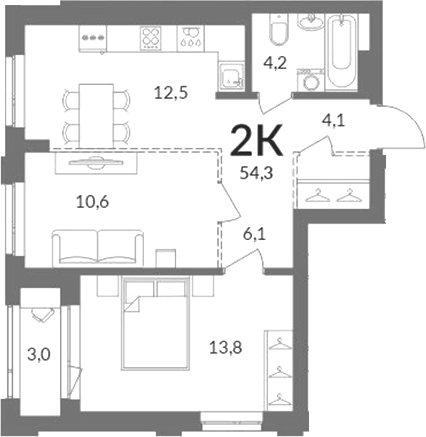 Планировка 2-к.кв 51.30 м² в ЖК «Горская лагуна»