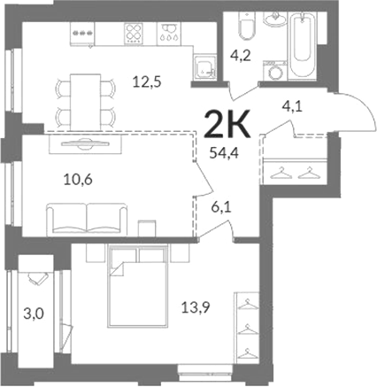 Планировка 2-к.кв 51.40 м² в ЖК «Горская лагуна»
