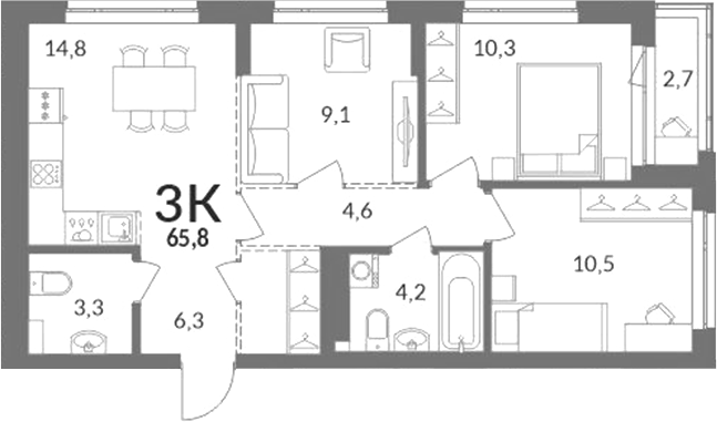 Планировка 3-к.кв 64.45 м² в ЖК «Горская лагуна»