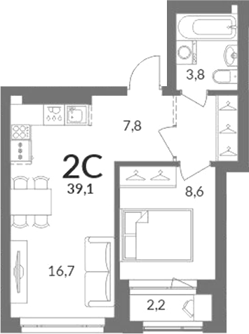 Планировка 2е-к.кв 38.00 м² в ЖК «Горская лагуна»