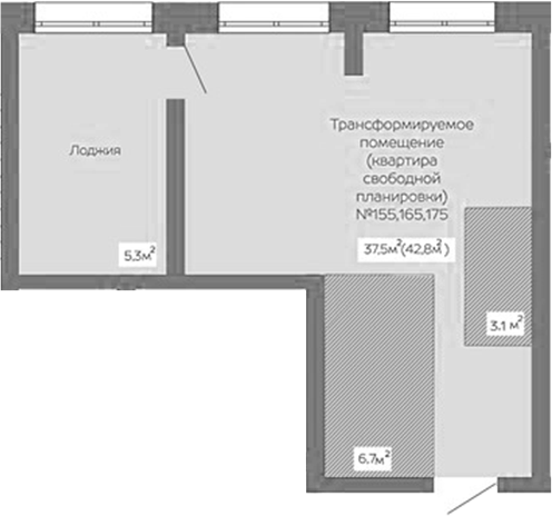 Планировка своб. план. 42.80 м² в ЖК «Уютный квартал. Кемерово»
