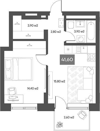 Планировка 1-к. квартира 40.82 м² в ЖК «ЩА»
