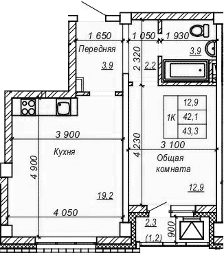 Планировка 1-к.кв 42.15 м² в ЖК «Серебряный ключ»