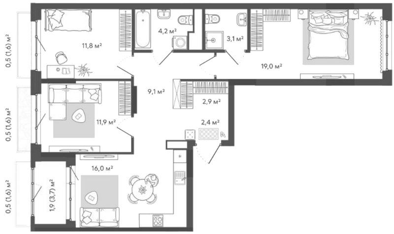 Планировка 4е-к. квартира 80.40 м² в ЖК «Природные кварталы Сибирия»