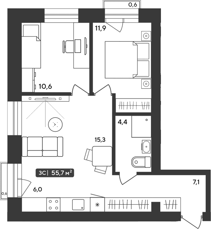 Планировка 3е-к.кв 55.34 м² в ЖК «Альпийский квартал»