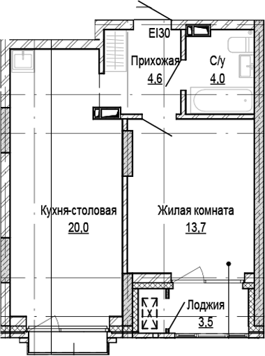 Планировка 1-к.кв 42.30 м² в ЖК «Кварталы Немировича-2»