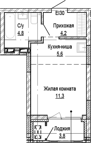 Планировка студии 25.90 м² в ЖК «Кварталы Немировича-2»