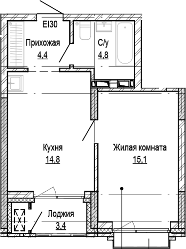 Планировка 1-к.кв 39.10 м² в ЖК «Кварталы Немировича-2»