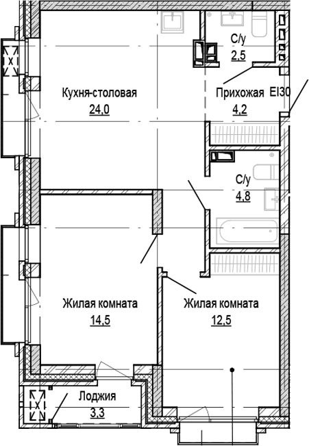 Планировка 2-к.кв 62.50 м² в ЖК «Кварталы Немировича-2»