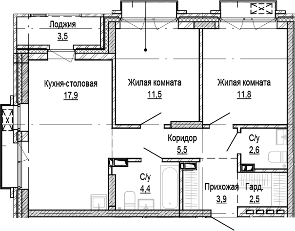 Планировка 2-к.кв 60.10 м² в ЖК «Кварталы Немировича-2»