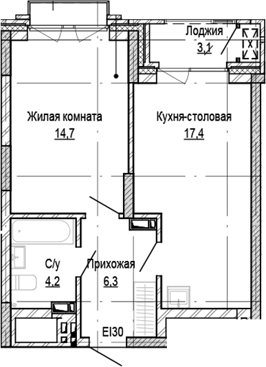 Планировка 1-к.кв 42.60 м² в ЖК «Кварталы Немировича-2»