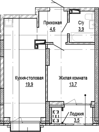 Планировка 1-к.кв 42.10 м² в ЖК «Кварталы Немировича-2»