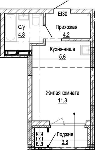 Планировка студии 25.90 м² в ЖК «Кварталы Немировича-2»