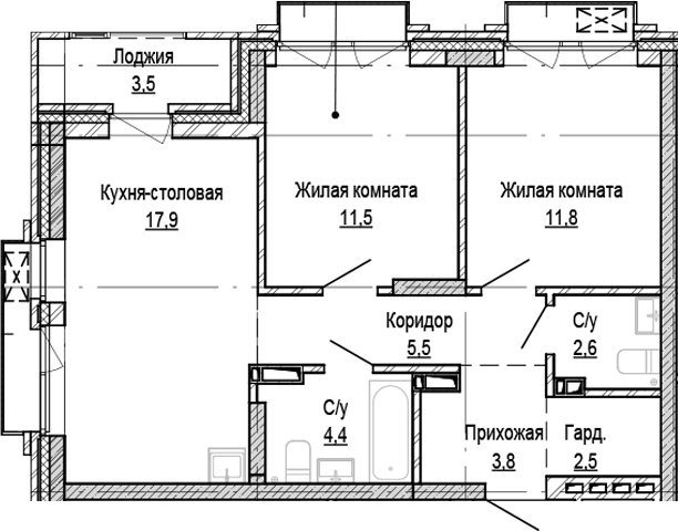 Планировка 2-к.кв 60.00 м² в ЖК «Кварталы Немировича-2»