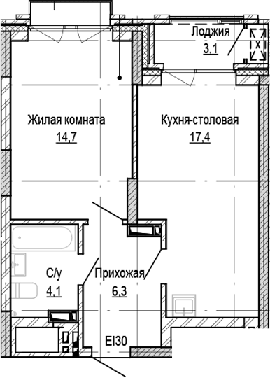 Планировка 1-к.кв 42.50 м² в ЖК «Кварталы Немировича-2»