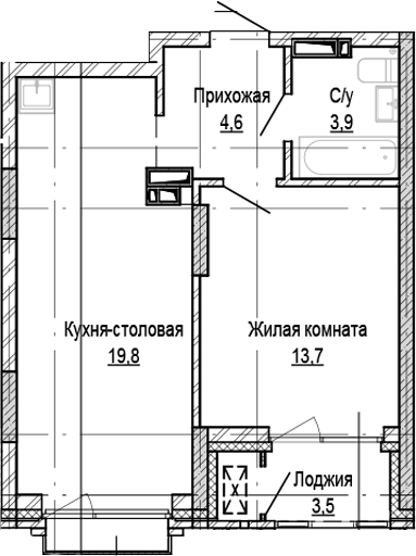 Планировка 1-к.кв 42.00 м² в ЖК «Кварталы Немировича-2»