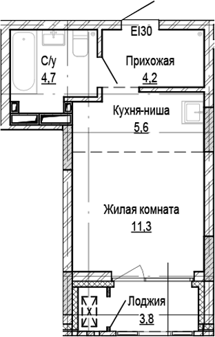 Планировка студии 25.80 м² в ЖК «Кварталы Немировича-2»