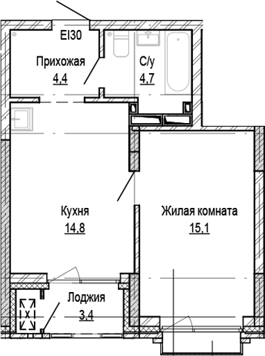 Планировка 1-к.кв 39.00 м² в ЖК «Кварталы Немировича-2»
