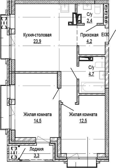 Планировка 2-к.кв 62.20 м² в ЖК «Кварталы Немировича-2»