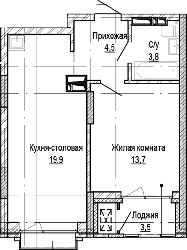 Планировка 1-к.кв 41.90 м² в ЖК «Кварталы Немировича-2»