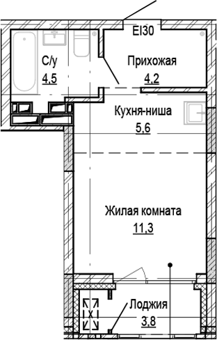 Планировка студии 25.60 м² в ЖК «Кварталы Немировича-2»