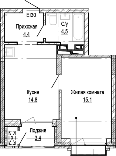 Планировка 1-к.кв 38.80 м² в ЖК «Кварталы Немировича-2»