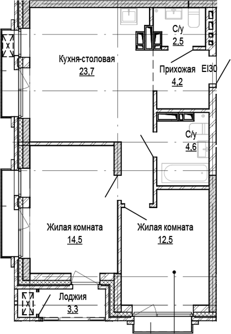Планировка 2-к.кв 62.00 м² в ЖК «Кварталы Немировича-2»