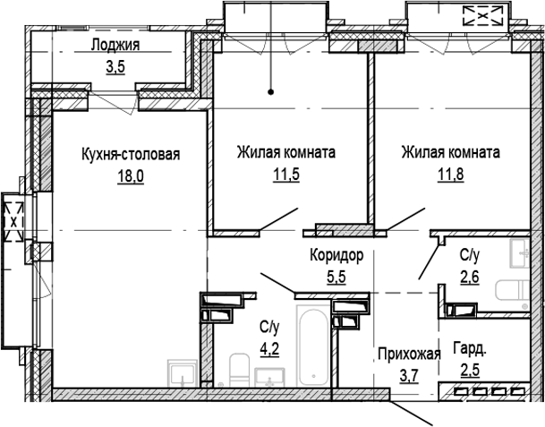 Планировка 2-к.кв 59.80 м² в ЖК «Кварталы Немировича-2»