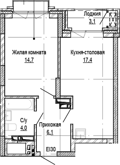 Планировка 1-к. квартира 42.20 м² в ЖК «Кварталы Немировича-2»