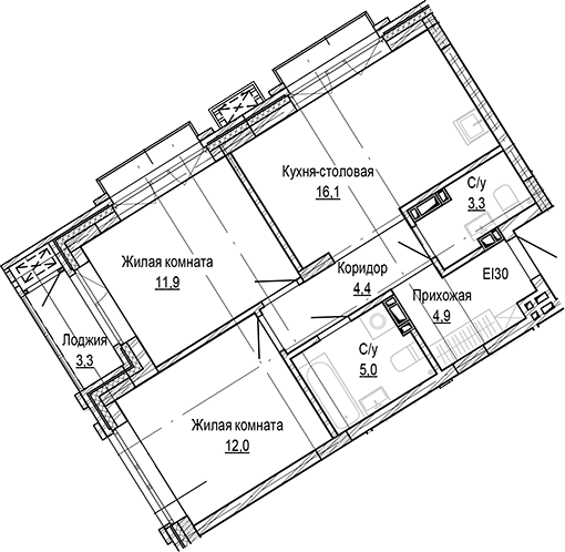 Планировка 2-к.кв 57.59 м² в ЖК «Кварталы Немировича-2»