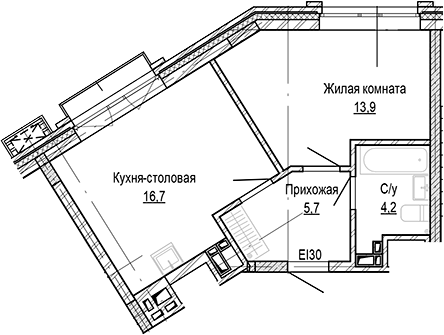 Планировка 1-к.кв 40.47 м² в ЖК «Кварталы Немировича-2»