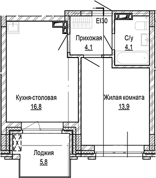 Планировка 1-к.кв 38.90 м² в ЖК «Кварталы Немировича-2»
