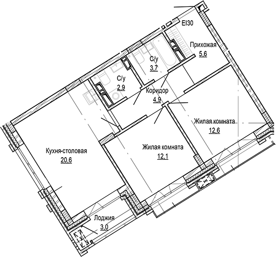 Планировка 2-к.кв 62.35 м² в ЖК «Кварталы Немировича-2»