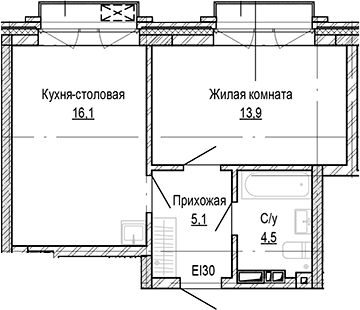 Планировка 1-к.кв 39.54 м² в ЖК «Кварталы Немировича-2»