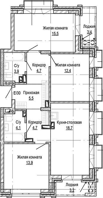 Планировка 3-к.кв 83.45 м² в ЖК «Кварталы Немировича-2»