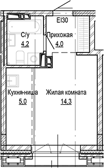 Планировка студии 27.51 м² в ЖК «Кварталы Немировича-2»