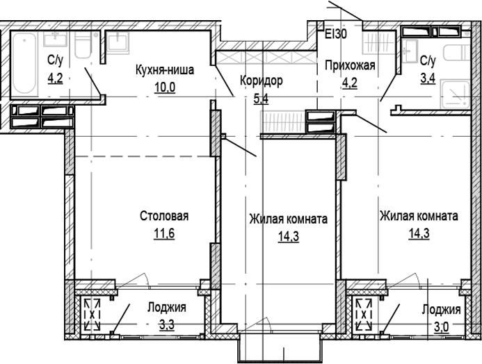 Планировка 2-к.кв 67.40 м² в ЖК «Кварталы Немировича-2»
