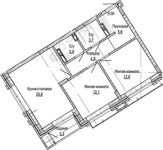 Планировка 2-к.кв 62.40 м² в ЖК «Кварталы Немировича-2»