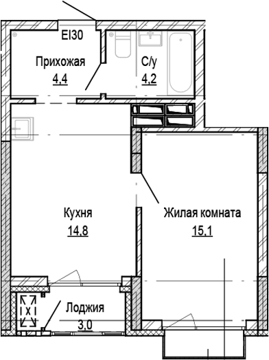 Планировка 1-к. квартира 38.50 м² в ЖК «Кварталы Немировича-2»