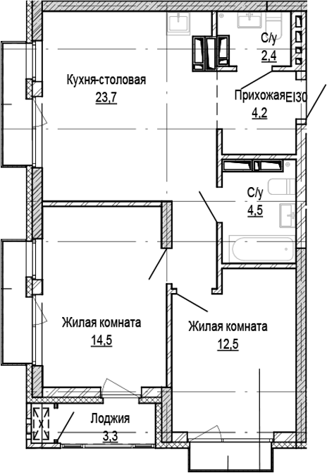 Планировка 2-к.кв 61.80 м² в ЖК «Кварталы Немировича-2»